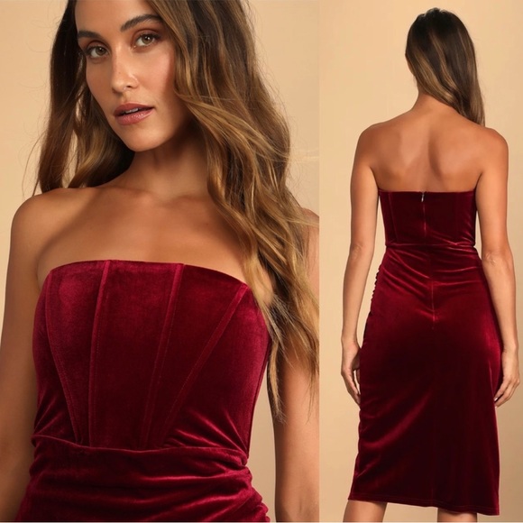 Red Wine Velvet Strapless Corset Tulip Dress 🌿 - Picture 3 of 8